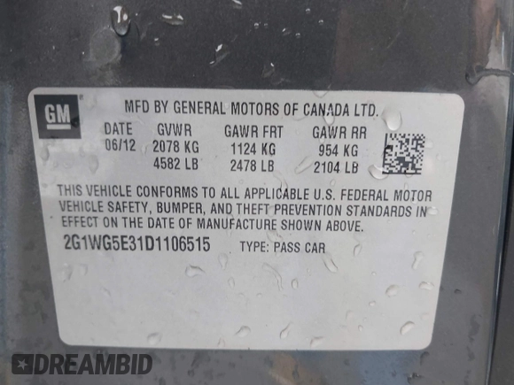 2013 Chevrolet Impala LT with VIN 2G1WG5E31D1106515, listed as a IAAI auction lot 42166897 with 126,431 mi miles and . Bid and sale history available at DreamBid. Image 9.