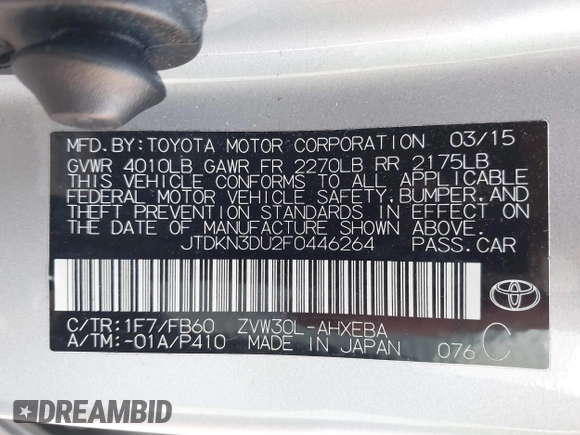 2015 Toyota Prius Four with VIN JTDKN3DU2F0446264, listed as a IAAI auction lot 41836697 with 87,475 mi miles. Bid and sale history available at carsss.com. Image 9.