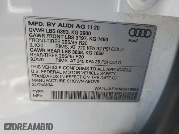 2021 Audi Q7 Premium Plus with VIN WA1LJAF76MD019892, listed as a Copart auction lot 87602805 with 42,407 mi miles and Salvage title. Bid and sale history available at DreamBid. Image 13.