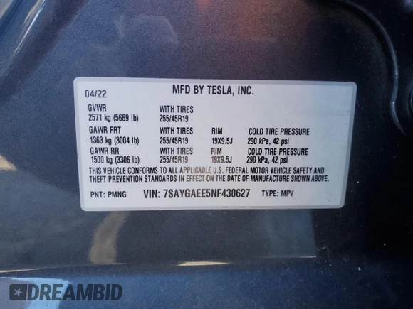2022 Tesla Model Y Long Range z VIN 7SAYGAEE5NF430627, wystawiony jako Copart lot #89192355 z przebiegiem 35 107 mil mil oraz Szkody całkowita. Historia ofert i sprzedaży dostępna na DreamBid. Obrazek 13.