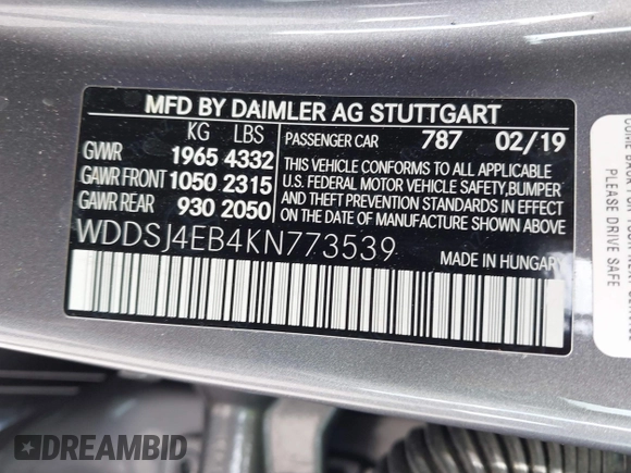 2019 Mercedes-Benz CLA 250 with VIN WDDSJ4EB4KN773539, listed as a IAAI auction lot 42299213 with 55,007 mi miles and . Bid and sale history available at DreamBid. Image 9.
