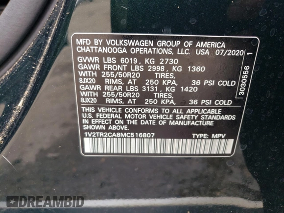 2021 Volkswagen Atlas SEL Premium with VIN 1V2TR2CA8MC516807, listed as a Copart auction lot 56819505 with 65,111 mi miles and Salvage title. Bid and sale history available at DreamBid. Image 13.
