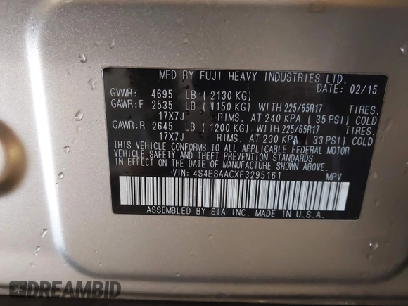 2015 Subaru Outback 2.5i with VIN 4S4BSAACXF3295161, listed as a IAAI auction lot 42020512 with 79,937 mi miles and . Bid and sale history available at DreamBid. Image 9.