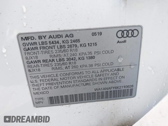 2019 Audi Q5 Premium with VIN WA1ANAFY6K2110626, listed as a IAAI auction lot 41270717 with 112,084 mi miles. Bid and sale history available at carsss.com. Image 9.