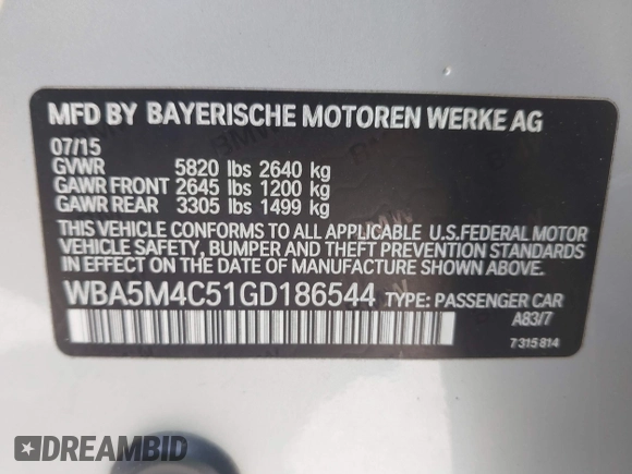 2016 BMW 5 Series 535i Gran Turismo xDrive with VIN WBA5M4C51GD186544, listed as a IAAI auction lot 42573259 with 83,181 mi miles and . Bid and sale history available at DreamBid. Image 9.