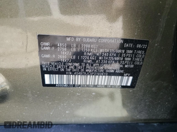 2023 Subaru Outback Onyx with VIN 4S4BTAJC5P3103613, listed as a Copart auction lot 54275675 with 50,500 mi miles and Salvage title. Bid and sale history available at DreamBid. Image 13.