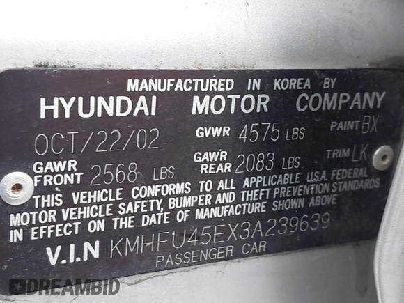 2003 Hyundai XG with VIN KMHFU45EX3A239639, listed as a IAAI auction lot 41473400 with 273,972 mi miles and . Bid and sale history available at DreamBid. Image 9.