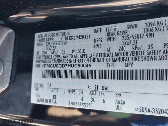 2017 Ford Escape SE with VIN 1FMCU0GD7HUC59045, listed as a IAAI auction lot 41304143 with 125,809 mi miles. Bid and sale history available at carsss.com. Image 9.