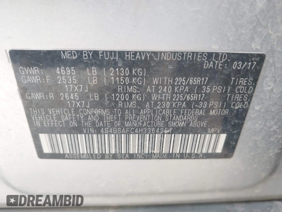 2017 Subaru Outback Premium with VIN 4S4BSAFC4H3364261, listed as a IAAI auction lot 42407316 with 95,287 mi miles and . Bid and sale history available at DreamBid. Image 9.
