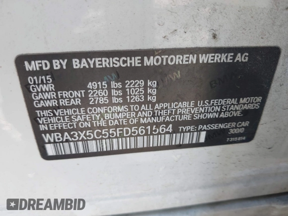 2015 BMW 3 Series 328i Gran Turismo xDrive with VIN WBA3X5C55FD561564, listed as a IAAI auction lot 39473768 with 83,263 mi miles and . Bid and sale history available at DreamBid. Image 9.