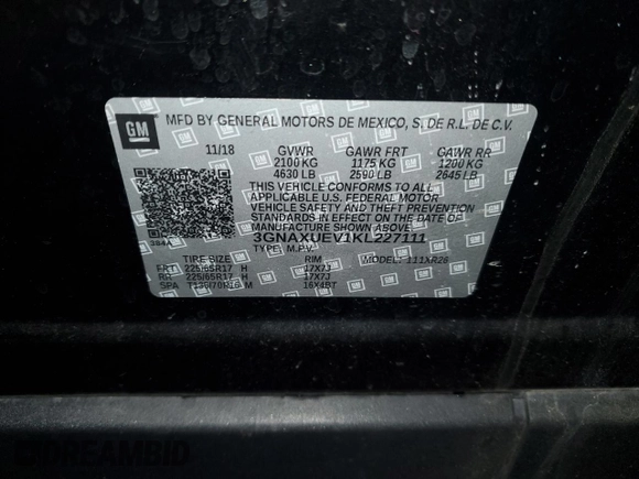 2019 Chevrolet Equinox LT with VIN 3GNAXUEV1KL227111, listed as a Copart auction lot 49553475 with 79,290 mi miles and Salvage Title. Bid and sale history available at DreamBid. Image 13.