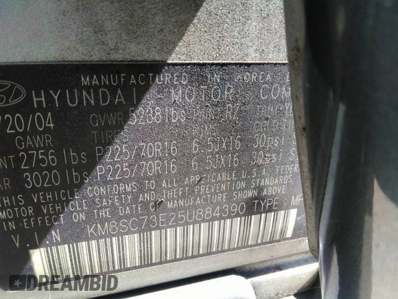 2005 Hyundai Santa Fe GLS with VIN KM8SC73E25U884390, listed as a IAAI auction lot 41824089 with 127,570 mi miles. Bid and sale history available at carsss.com. Image 9.