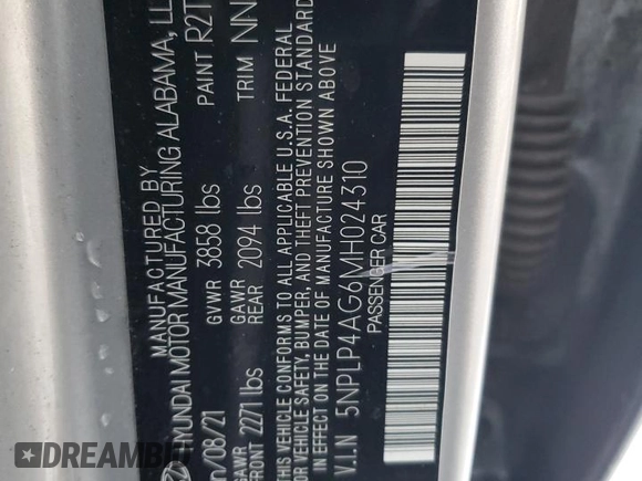2021 Hyundai Elantra Limited with VIN 5NPLP4AG6MH024310, listed as a Copart auction lot 86559134 with 115,215 mi miles and Salvage Title. Bid and sale history available at DreamBid. Image 12.
