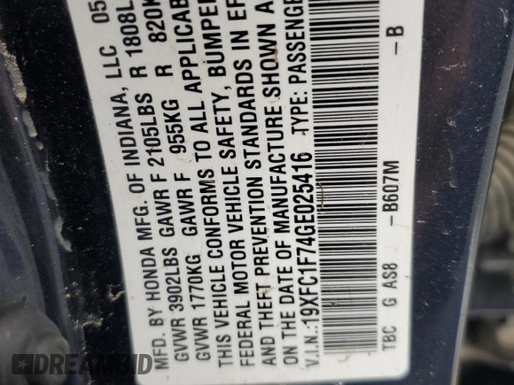 2016 Honda Civic Sedan EX-L with VIN 19XFC1F74GE025416, listed as a Copart auction lot 48237825 with 157,272 mi miles and Salvage Title. Bid and sale history available at carsss.com. Image 15.
