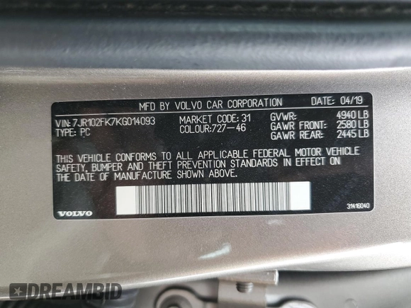 2019 Volvo S60 Momentum with VIN 7JR102FK7KG014093, listed as a Copart auction lot 48308534 with 50,326 mi miles. Bid and sale history available at carsss.com. Image 12.