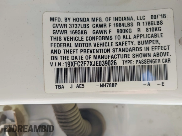 2018 Honda Civic EX with VIN 19XFC2F7XJE039026, listed as a IAAI auction lot 41963886 with 71,011 mi miles and . Bid and sale history available at DreamBid. Image 9.