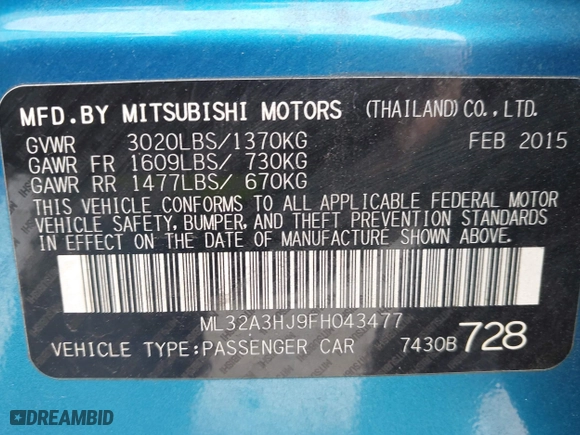 2015 Mitsubishi Mirage DE with VIN ML32A3HJ9FH043477, listed as a IAAI auction lot 42109009 with 124,817 mi miles. Bid and sale history available at carsss.com. Image 9.