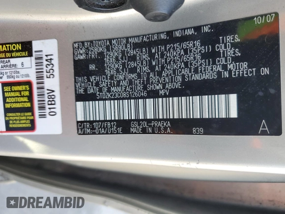 2008 Toyota Sienna CE with VIN 5TDZK23C08S126046, listed as a Copart auction lot 45389845 with 154,565 mi miles and Salvage Title. Bid and sale history available at carsss.com. Image 15.