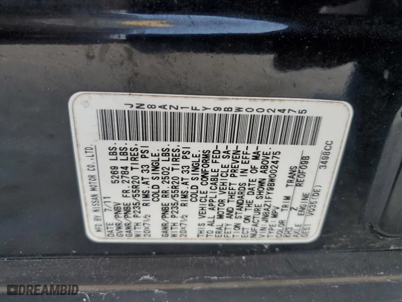 2011 Nissan Murano CrossCabriolet with VIN JN8AZ1FY9BW002475, listed as a Copart auction lot 77491514 with 249,950 mi miles and Non Repairable. Bid and sale history available at carsss.com. Image 14.