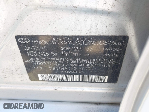 2012 Hyundai Sonata GLS with VIN 5NPEB4AC7CH331701, listed as a IAAI auction lot 42112081 with 122,050 mi miles. Bid and sale history available at carsss.com. Image 9.
