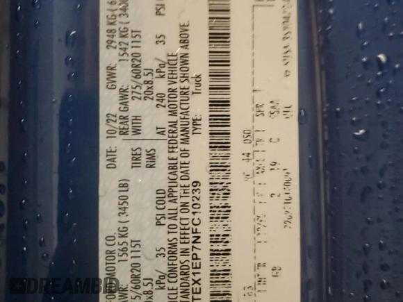 2022 Ford F-150 XL z VIN 1FTEX1EP7NFC10239, wystawiony jako Copart lot #57776525 z przebiegiem 46 980 mil mil oraz Szkoda całkowita • Salvage title. Historia ofert i sprzedaży dostępna na DreamBid. Obrazek 13.