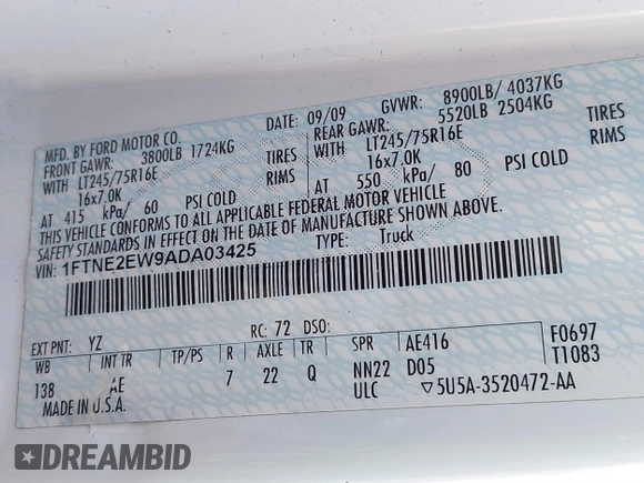 2010 Ford Econoline Cargo Commercial with VIN 1FTNE2EW9ADA03425, listed as a IAAI auction lot 41784156 with 224,731 mi miles and . Bid and sale history available at DreamBid. Image 9.