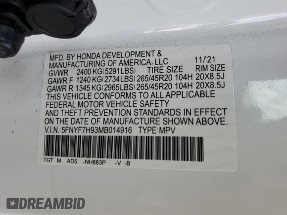 2021 Honda Passport Touring z VIN 5FNYF7H93MB014916, wystawiony jako Copart lot #75050454 z przebiegiem 28 364 mil mil oraz Nie do naprawy • Non repairable. Historia ofert i sprzedaży dostępna na DreamBid. Obrazek 14.