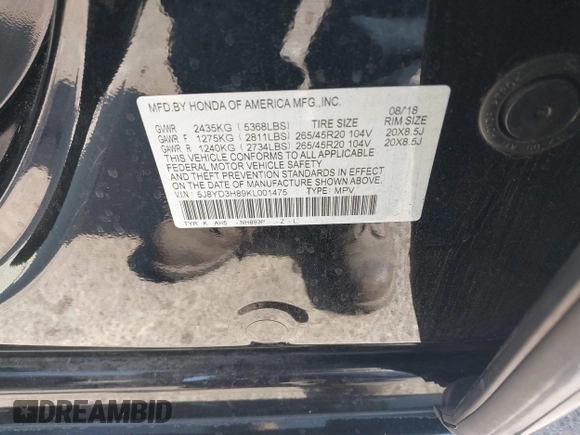 2019 Acura MDX Advance with VIN 5J8YD3H89KL001475, listed as a IAAI auction lot 42489400 with 100,281 mi miles and . Bid and sale history available at DreamBid. Image 9.
