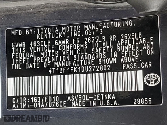 2013 Toyota Camry L with VIN 4T1BF1FK1DU272802, listed as a Copart auction lot 45603685 with 202,638 mi miles and Clean Title. Bid and sale history available at DreamBid. Image 12.