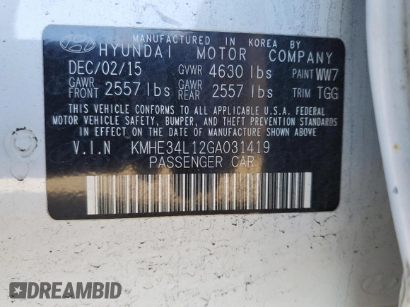 2016 Hyundai Sonata Hybrid Limited with VIN KMHE34L12GA031419, listed as a Copart auction lot 40901493 with 74,055 mi miles. Bid and sale history available at carsss.com. Image 14.