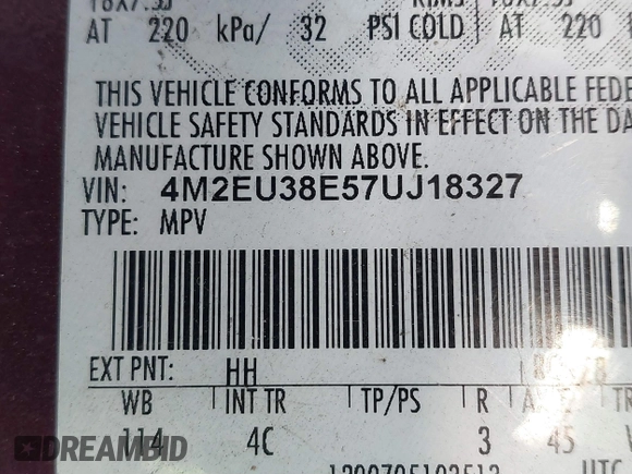 2007 Mercury Mountaineer Premier with VIN 4M2EU38E57UJ18327, listed as a IAAI auction lot 41333082 with 209,690 mi miles. Bid and sale history available at carsss.com. Image 9.