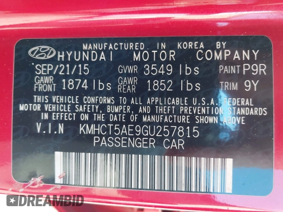 2016 Hyundai Accent SE with VIN KMHCT5AE9GU257815, listed as a IAAI auction lot 41941325 with 109,113 mi miles. Bid and sale history available at carsss.com. Image 9.