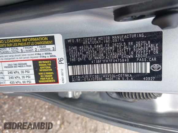 2015 Toyota Camry XLE with VIN 4T1BF1FK1FU475840, listed as a IAAI auction lot 41916282 with 104,881 mi miles. Bid and sale history available at carsss.com. Image 9.