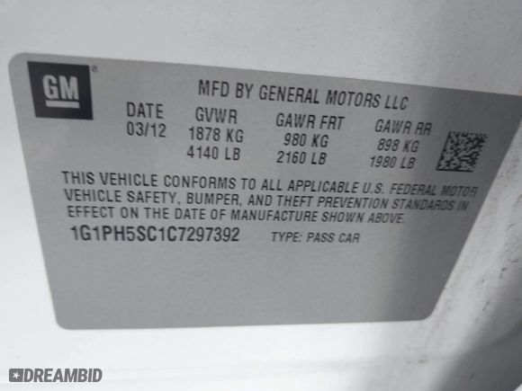 2012 Chevrolet Cruze LTZ with VIN 1G1PH5SC1C7297392, listed as a IAAI auction lot 42100637 with 90,552 mi miles. Bid and sale history available at carsss.com. Image 9.