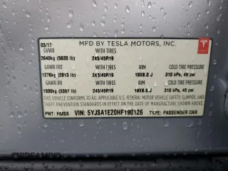 2017 Tesla Model S 100D with VIN 5YJSA1E20HF190126, listed as a Copart auction lot 60087655 with 42,025 mi miles and Salvage title. Bid and sale history available at DreamBid. Image 13.