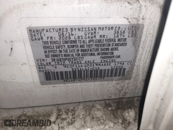2016 Nissan Sentra SV with VIN 3N1AB7AP9GY331777, listed as a IAAI auction lot 41053179 with 152,017 mi miles and . Bid and sale history available at DreamBid. Image 9.