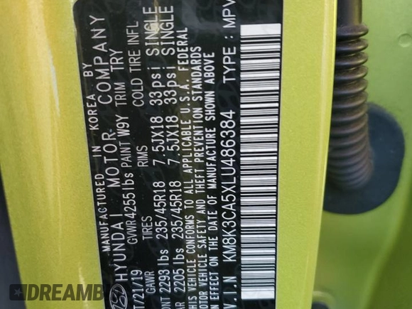2020 Hyundai Kona Limited with VIN KM8K3CA5XLU486384, listed as a Copart auction lot 42422243 with 9,048 mi miles and . Bid and sale history available at DreamBid. Image 12.
