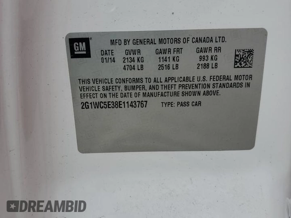 2014 Chevrolet Impala LTZ with VIN 2G1WC5E38E1143767, listed as a Copart auction lot 47768755 with 181,083 mi miles and Salvage Title. Bid and sale history available at DreamBid. Image 12.