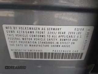 2008 Volkswagen Rabbit S with VIN WVWDB71K18W259965, listed as a IAAI auction lot 42560605 with 89,845 mi miles and . Bid and sale history available at DreamBid. Image 9.