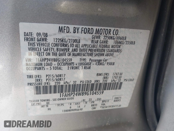 2009 Ford Taurus SEL with VIN 1FAHP24W89G104559, listed as a IAAI auction lot 41363916 with 89,297 mi miles. Bid and sale history available at carsss.com. Image 9.