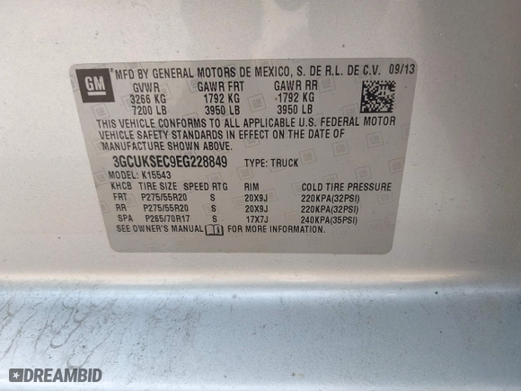2014 Chevrolet Silverado 1500 LTZ with VIN 3GCUKSEC9EG228849, listed as a IAAI auction lot 41940320 with 165,630 mi miles. Bid and sale history available at carsss.com. Image 9.