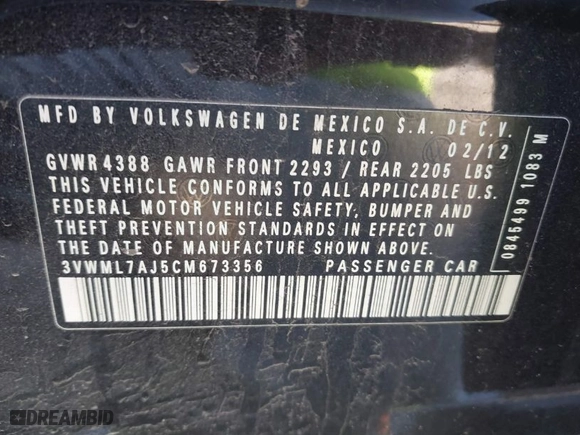 2012 Volkswagen Jetta SportWagen TDI with VIN 3VWML7AJ5CM673356, listed as a IAAI auction lot 41655411 with 191,792 mi miles. Bid and sale history available at carsss.com. Image 9.