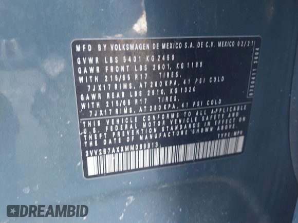 2021 Volkswagen Tiguan SE with VIN 3VV2B7AXXMM089913, listed as a IAAI auction lot 41402158 with 68,158 mi miles and . Bid and sale history available at DreamBid. Image 9.