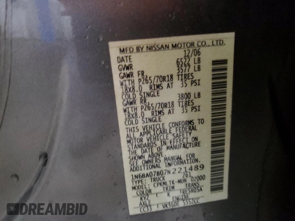 2007 Nissan Titan SE z VIN 1N6BA07B07N221489, wystawiony jako Copart lot #83408574 z przebiegiem 92 831 mil mil oraz Szkoda całkowita • Salvage title. Historia ofert i sprzedaży dostępna na DreamBid. Obrazek 12.