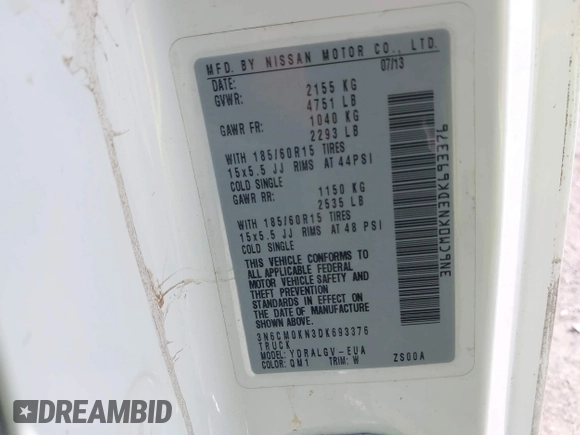2013 Nissan NV200 SV with VIN 3N6CM0KN3DK693376, listed as a IAAI auction lot 42744552 with Not provided miles and . Bid and sale history available at DreamBid. Image 9.