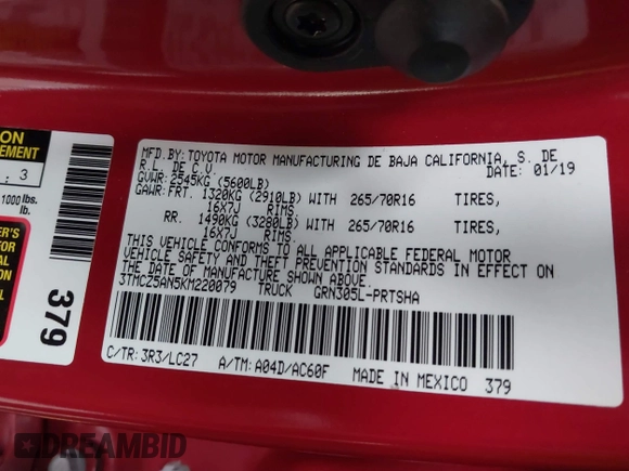 2019 Toyota Tacoma SR z VIN 3TMCZ5AN5KM220079, wystawiony jako IAAI lot #41856695 z przebiegiem 51 918 mil mil oraz . Historia ofert i sprzedaży dostępna na DreamBid. Obrazek 9.