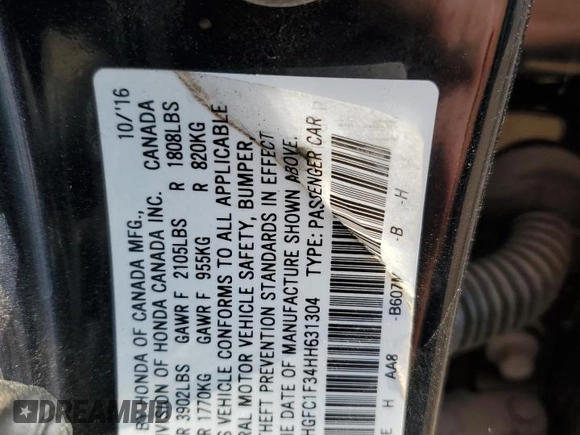 2017 Honda Civic Sedan EX-T with VIN 2HGFC1F34HH631304, listed as a Copart auction lot 51112545 with 176,670 mi miles and Salvage Title. Bid and sale history available at carsss.com. Image 12.