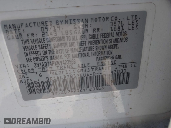 2019 Nissan Sentra SR with VIN 3N1AB7APXKY423568, listed as a IAAI auction lot 40985909 with 103,522 mi miles and . Bid and sale history available at DreamBid. Image 9.