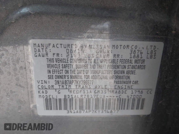 2019 Nissan Sentra SR with VIN 3N1AB7AP7KY396877, listed as a IAAI auction lot 41514023 with 71,686 mi miles and . Bid and sale history available at DreamBid. Image 9.
