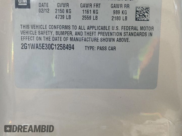 2012 Chevrolet Impala LS Retail with VIN 2G1WA5E30C1258494, listed as a Copart auction lot 82051514 with 128,508 mi miles and Salvage Title. Bid and sale history available at DreamBid. Image 14.